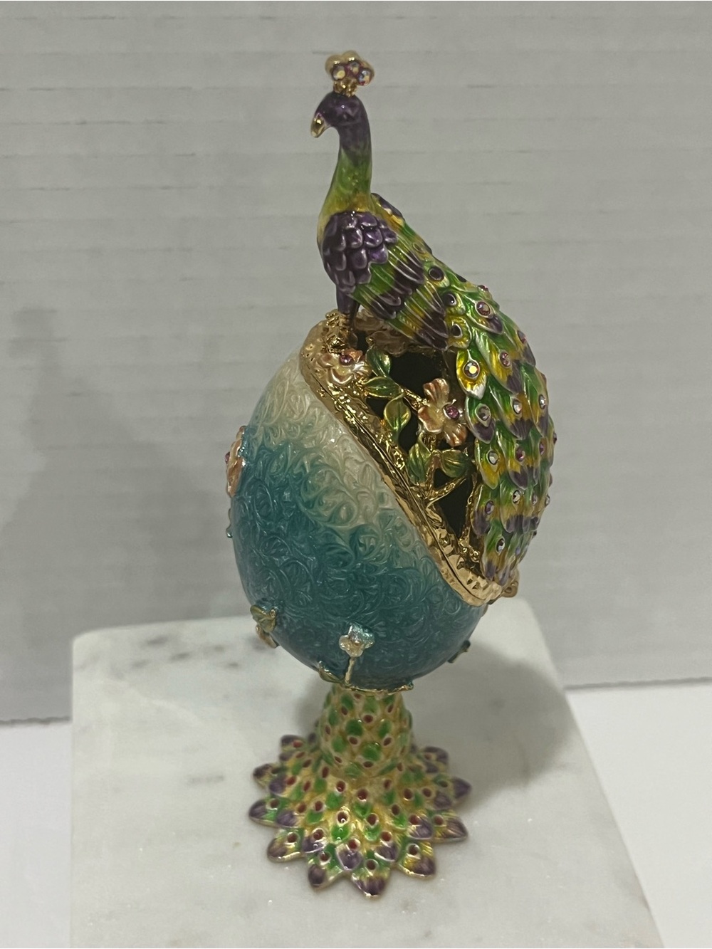 BIJORCA Enameled Peacock Figurine on Faberge Egg Trinket Box w/ Crystals